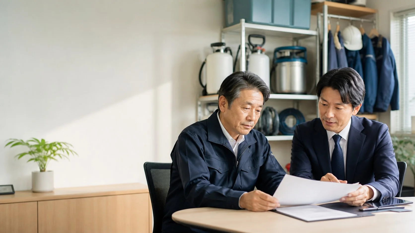 害虫駆除会社の経営者とM&Aアドバイザーが事業承継について相談する様子
