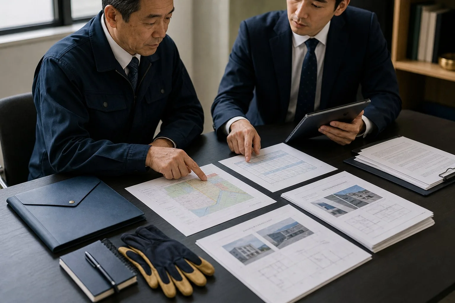 秘密保持のもとで害虫駆除会社の契約台帳と事業資料を確認する様子