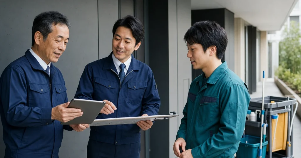 法人定期防除会社とビルメンテナンス会社の担当者が現場運用を確認する様子