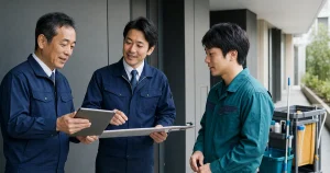 法人定期防除会社とビルメンテナンス会社の担当者が現場運用を確認する様子