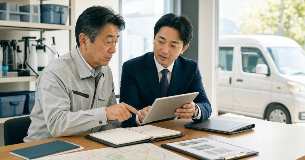 害虫駆除会社の経営者とM&Aアドバイザーが事業資料と巡回ルートを確認する様子