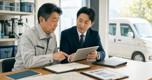 害虫駆除会社の経営者とM&Aアドバイザーが事業資料と巡回ルートを確認する様子