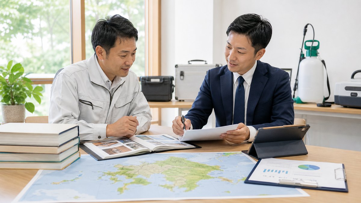 九州北部のシロアリ防除会社M&Aと保証台帳について相談する経営者とアドバイザー