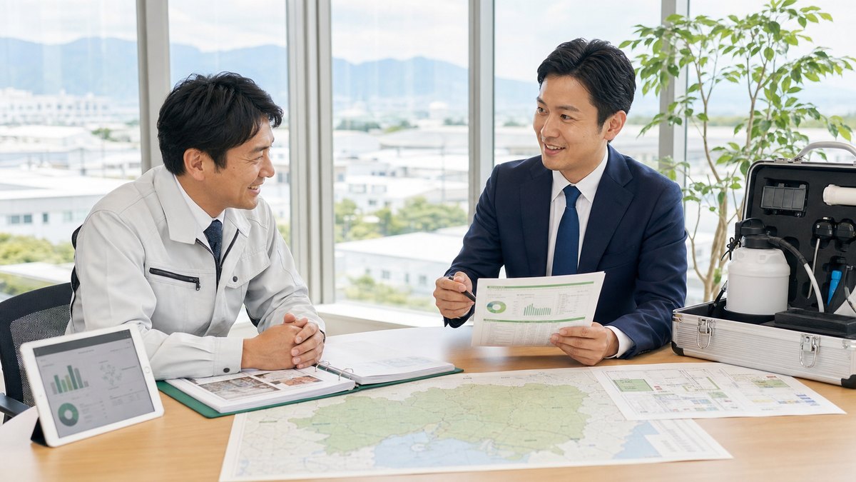 東海地方の食品工場向け防除会社M&Aについて報告書を確認しながら相談する経営者とアドバイザー