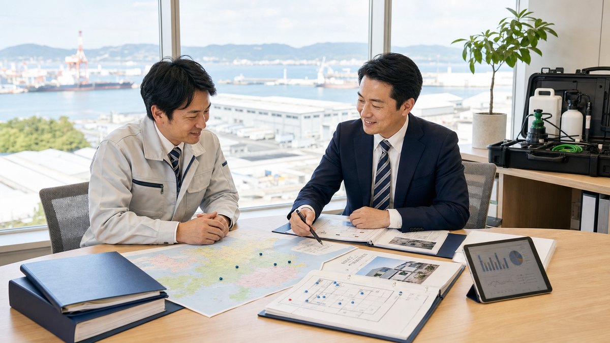 瀬戸内の港湾物流と食品倉庫向け防除会社M&Aについて相談する経営者とアドバイザー