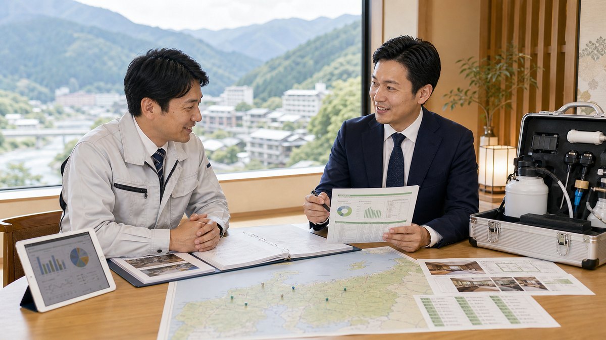 北陸・甲信越の宿泊施設向け防除会社M&Aについて相談する経営者とアドバイザー