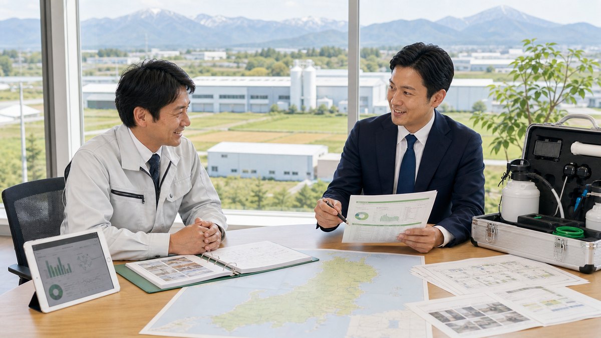 東北の農産物倉庫向け防除会社M&Aについて相談する経営者とアドバイザー