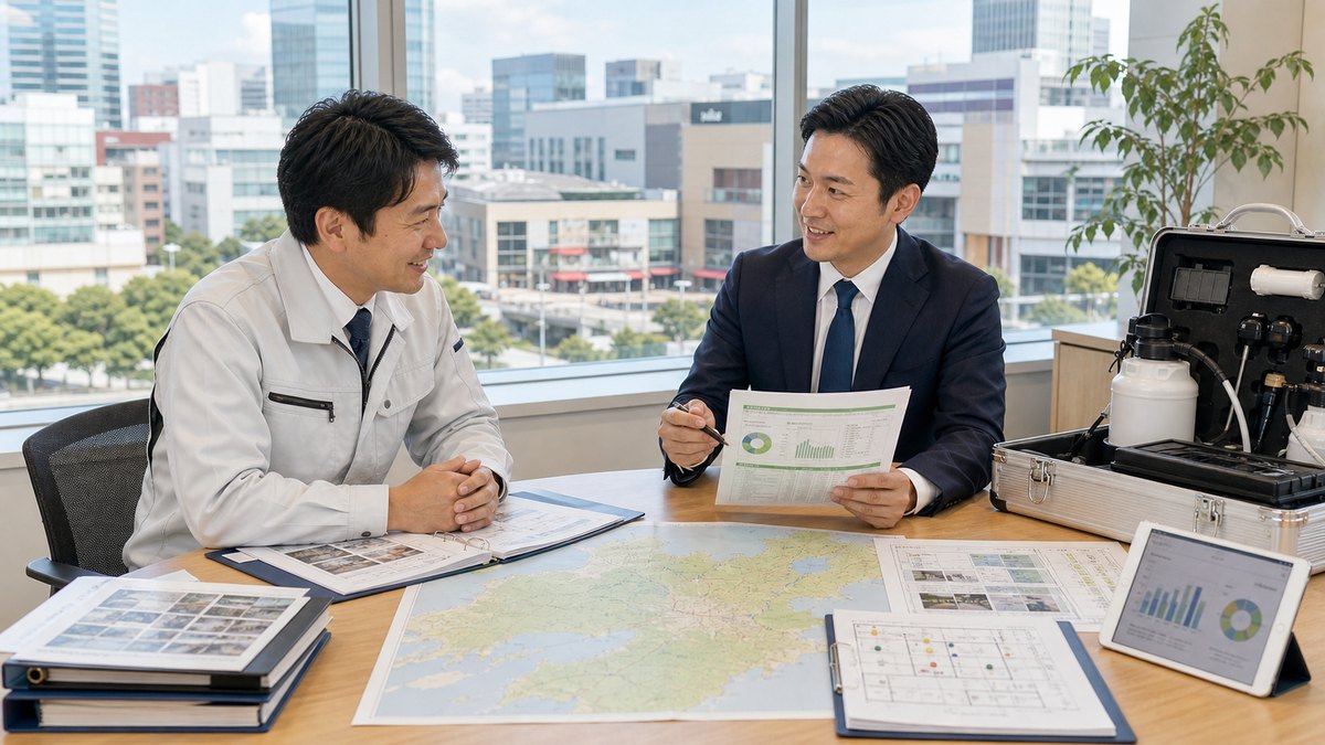 関西の飲食チェーン・商業施設向け防除会社M&Aについて相談する経営者とアドバイザー