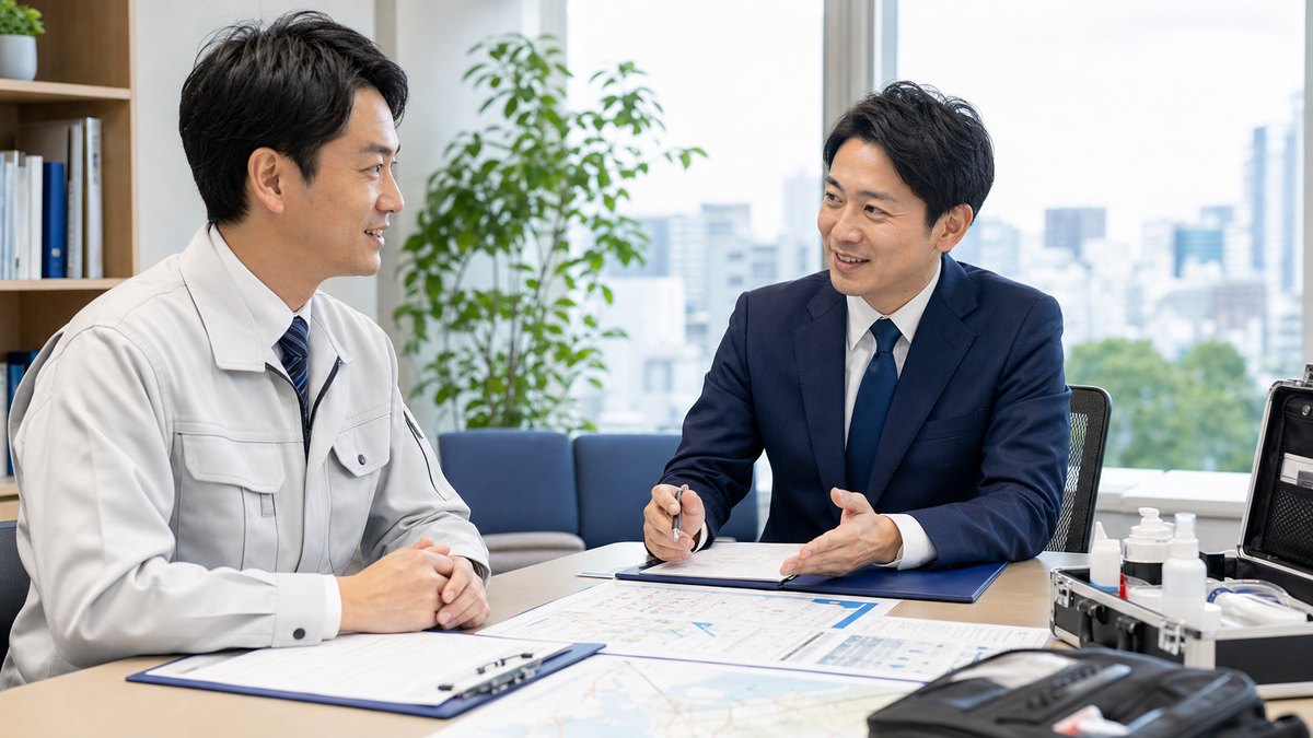 首都圏の医療・介護施設向け衛生管理会社M&Aについて相談する経営者とアドバイザー