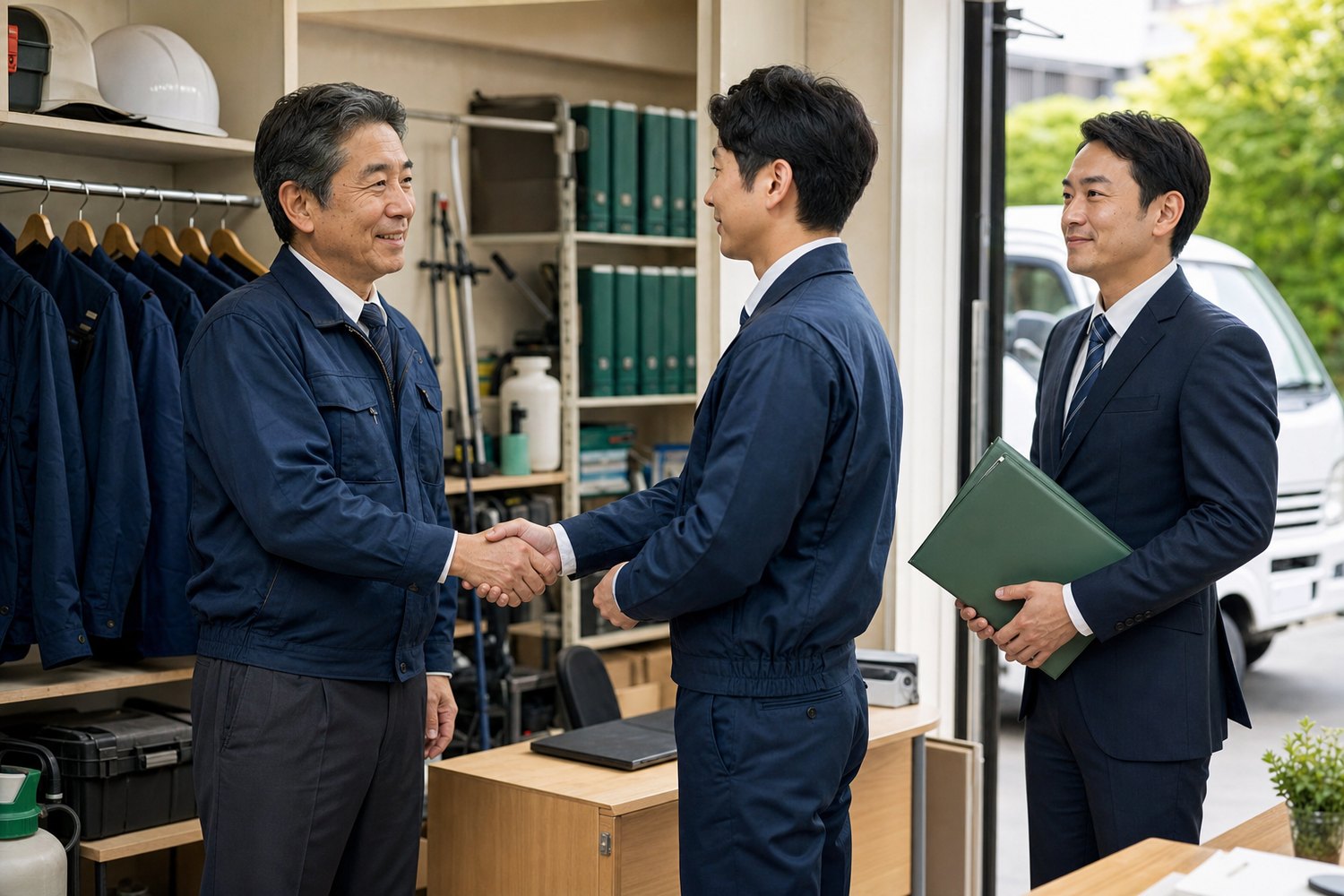 害虫駆除会社の経営者と後継責任者が引継ぎの合意を交わす様子