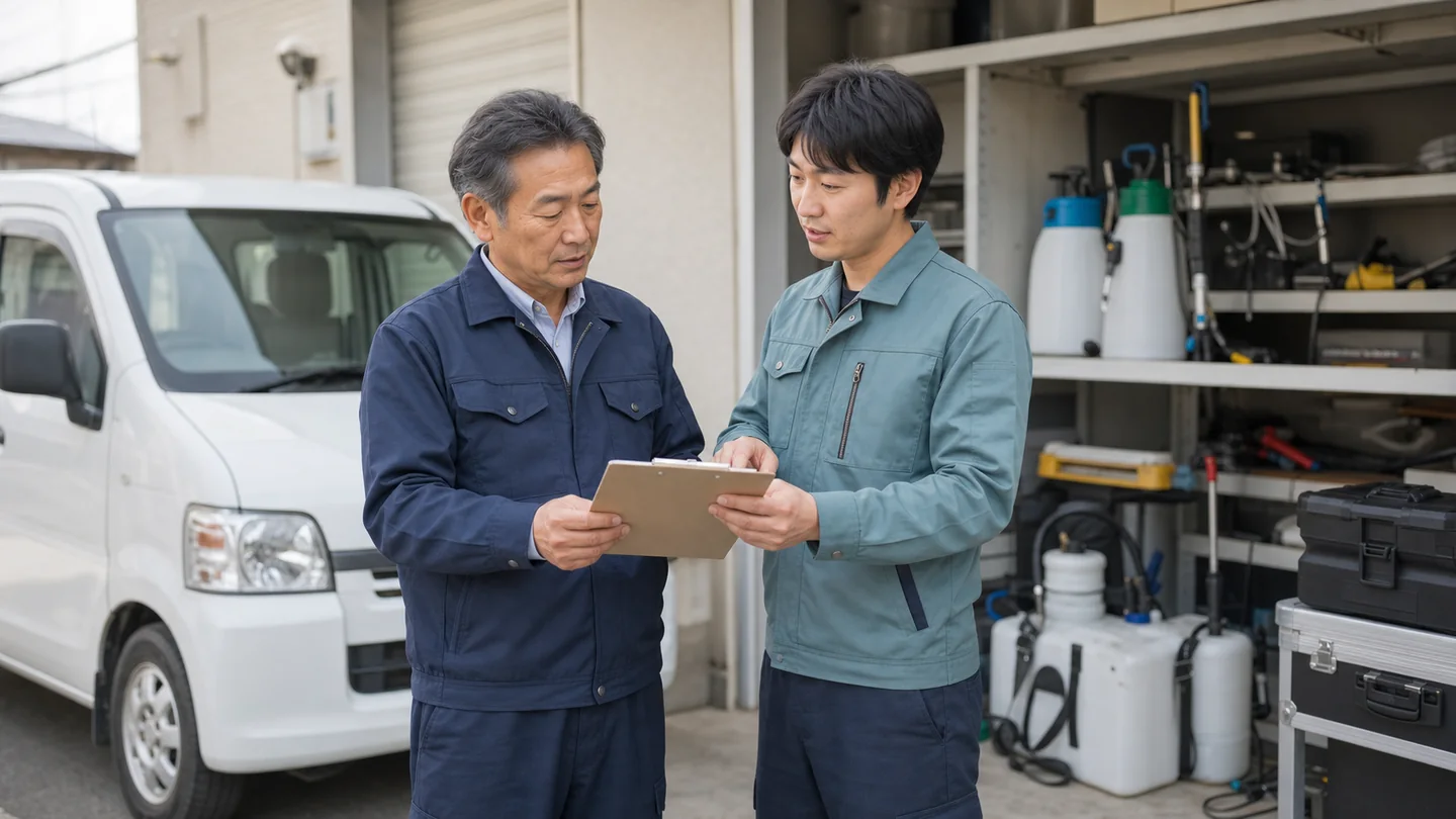 害虫駆除会社の経営者と現場責任者が車両と機材の引継ぎを確認している様子