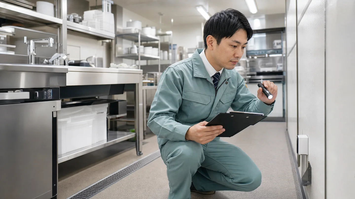 食品施設で防除技術者が衛生点検と記録を行っている様子