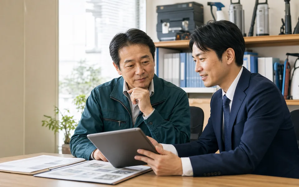 害虫駆除会社の経営者とM&Aアドバイザーが事業承継について相談している様子