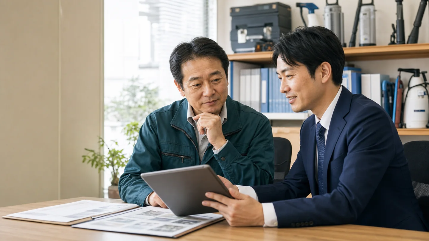 害虫駆除会社の経営者とM&Aアドバイザーが相談資料を確認している様子