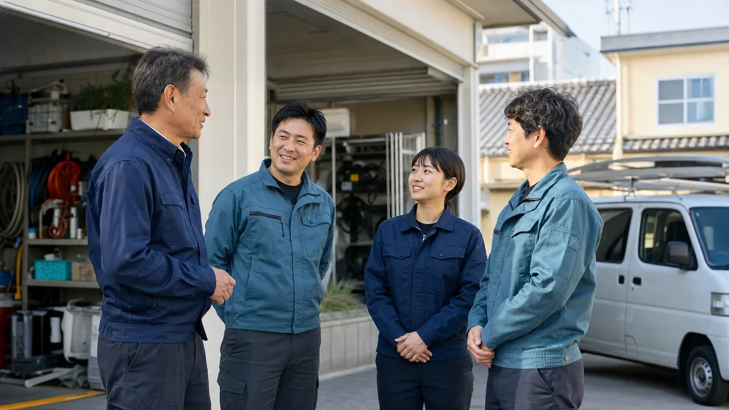 害虫駆除会社の経営者と技術者チームが譲渡後の事業継続について話している様子