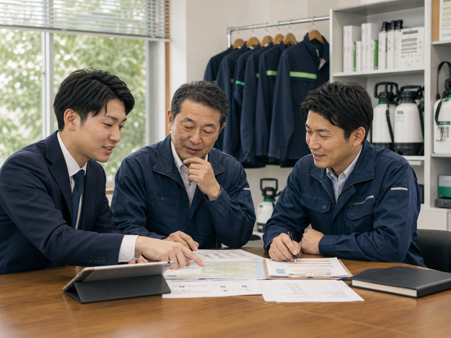 害虫駆除会社の経営者と担当者が事業資料を確認している様子